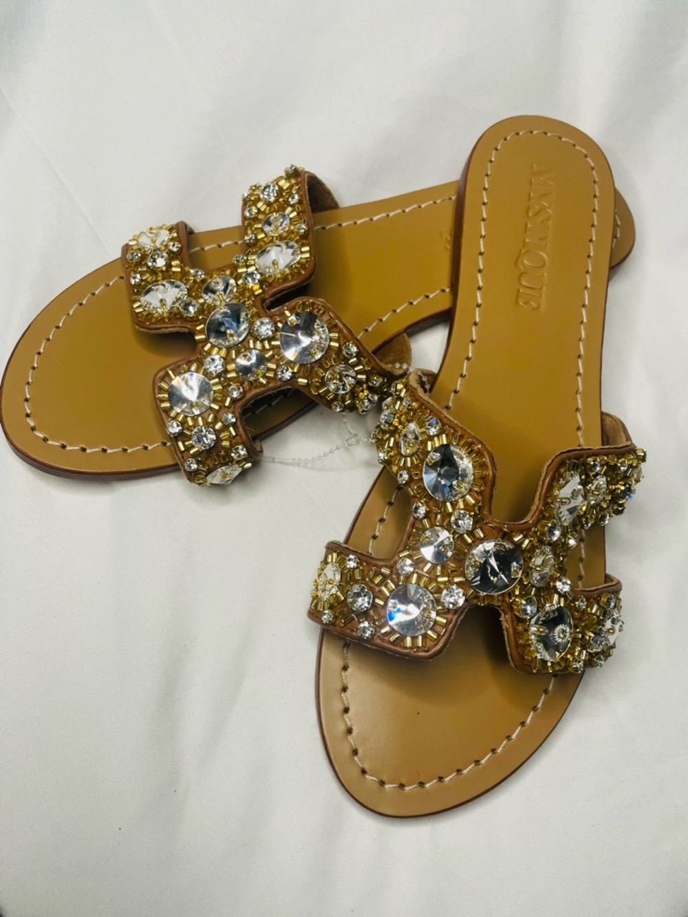 Mystique Boutique Tan Slide Sandals with Gold and Clear Crystal Accents